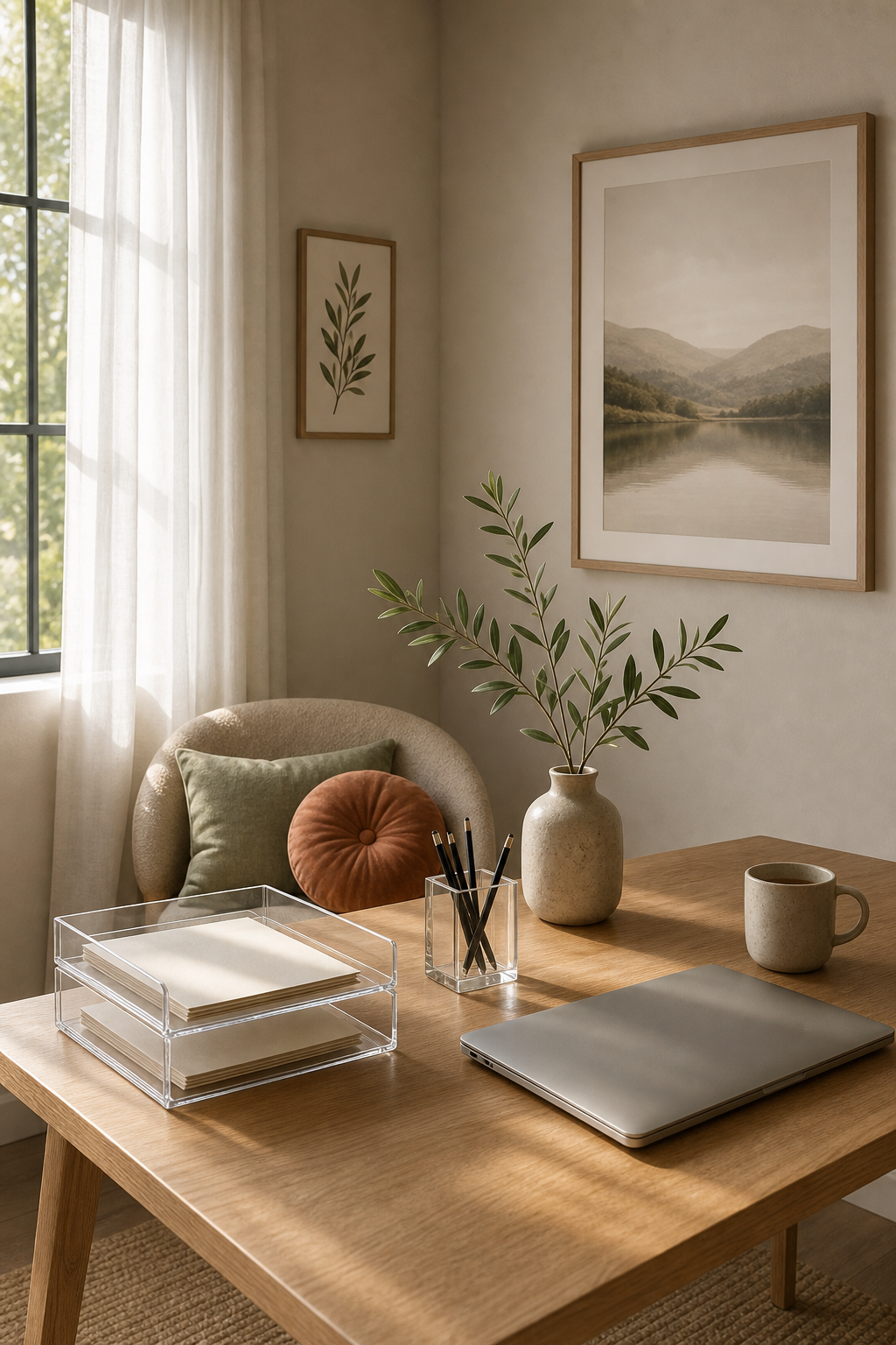 Warm minimalist creator desk with a clear pen holder, sheer curtains, ceramic vase, wall art, and document tray