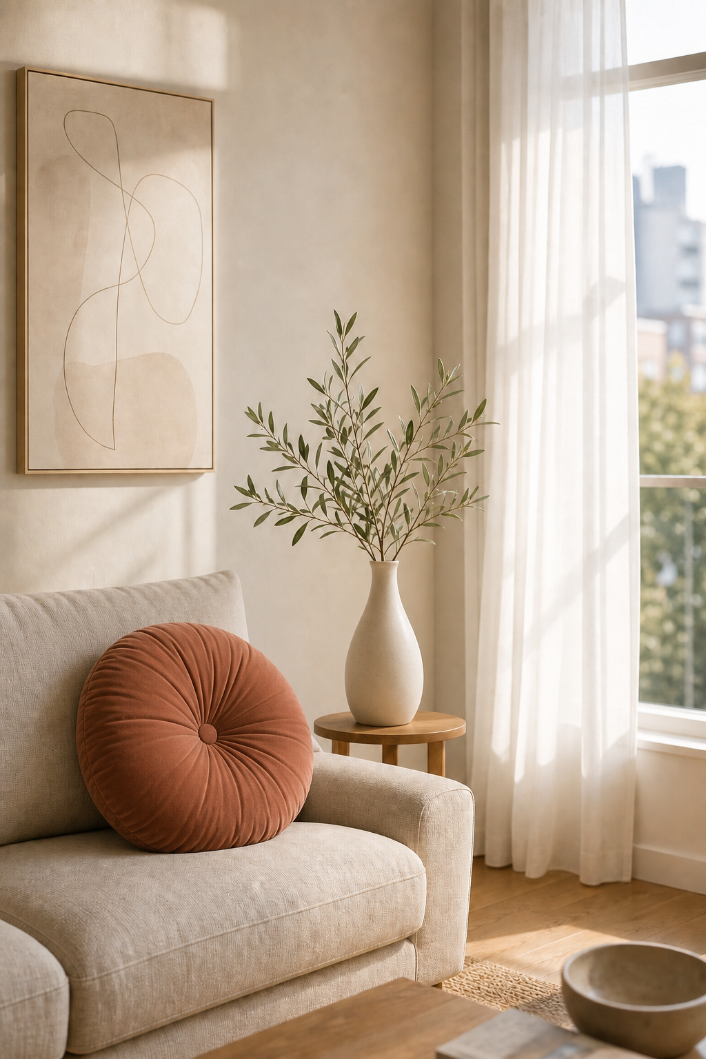 Warm minimalist living room with a round terracotta velvet cushion, Morandi bottle vase with olive branches, abstract wall art, and white sheer curtains